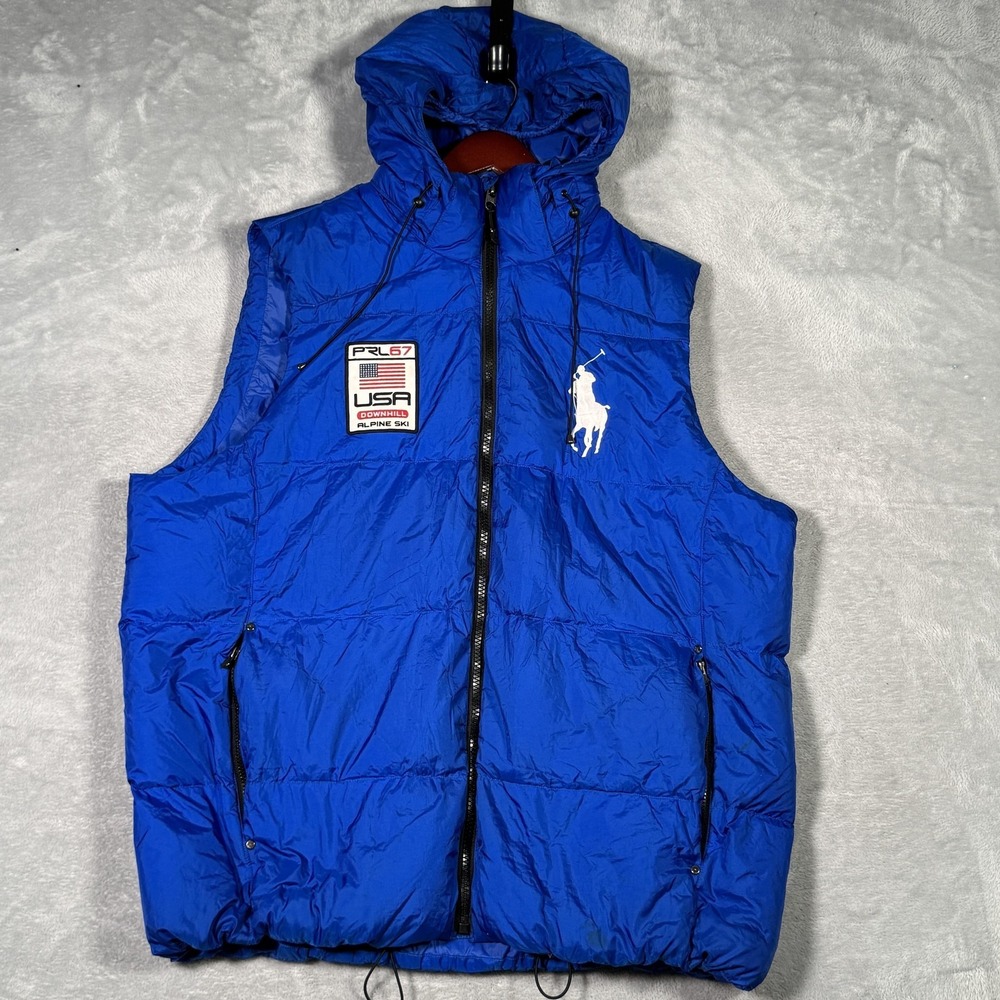 Ralph Lauren Vest Mens 2XLT 2XL Blue Alpine Ski Flag Down Puffer Hooded Big Pony
